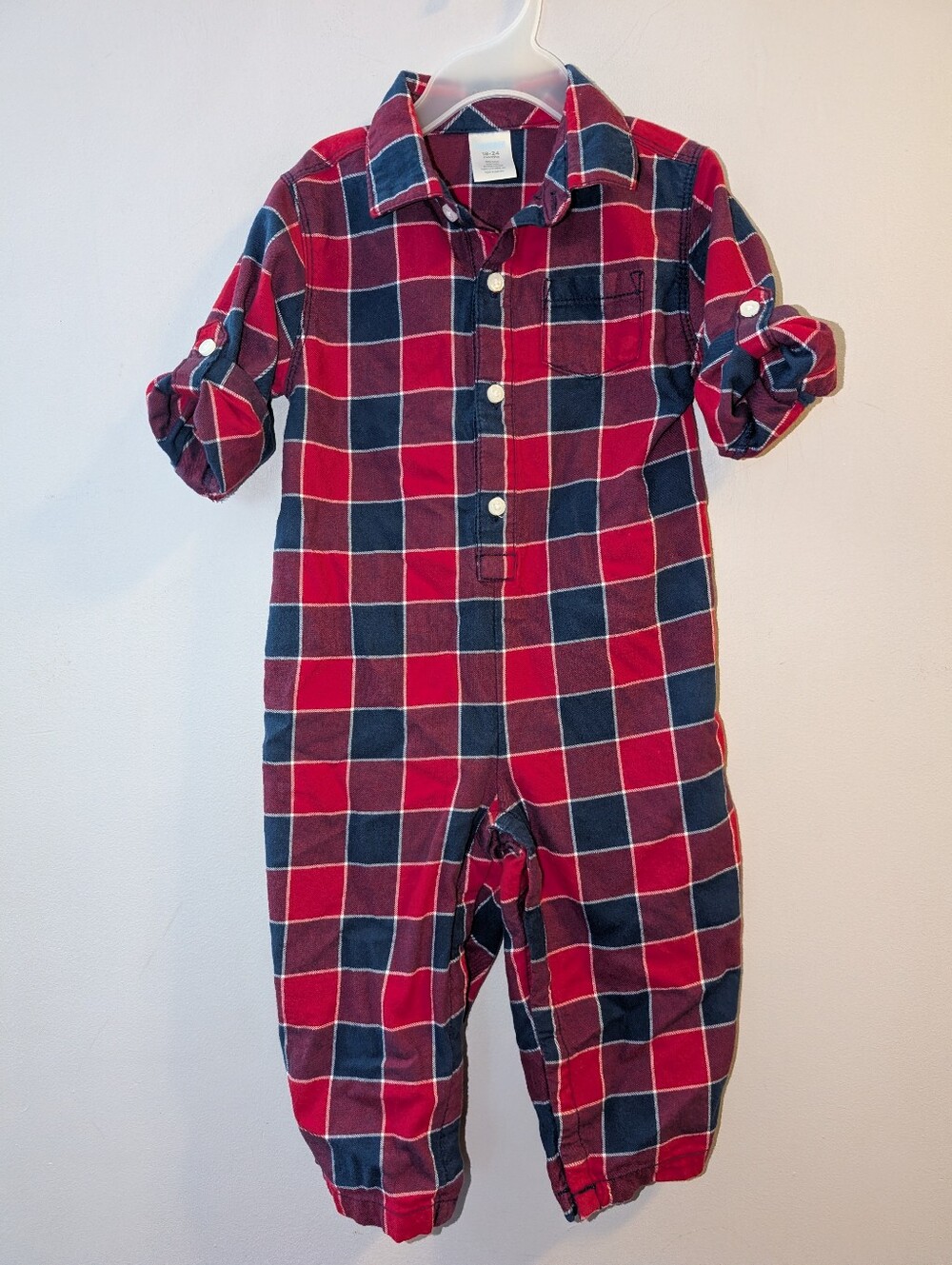 Gymboree Red Navy Cotton Plaid Kids One-Piece Coverall Outfit Toddler Boys 18-24